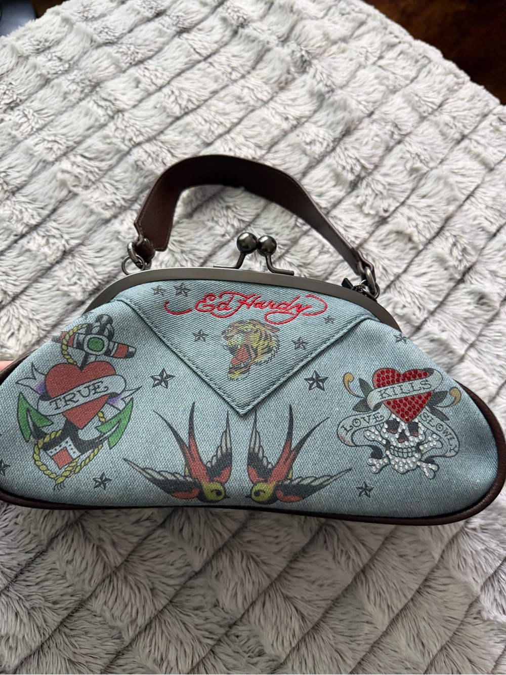 Ed Hardy Light Blue Tattoo-Print Kiss Lock Wristlet